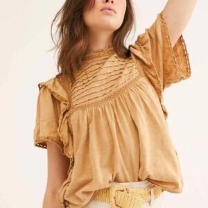 Free People Honey Tan Pintuck Lace Blouse